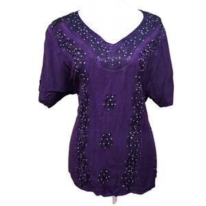 BRAJA Vintage 90's Purple Short Sleeve Embroidered Sequin Size Large Casual Boho